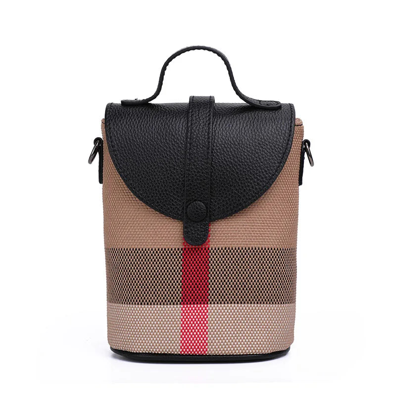 Women's Canvas Spliced Cowhide Shoulder Bag, Mini Striped Flap Handbag, Coin Purse & Crossbody Bag