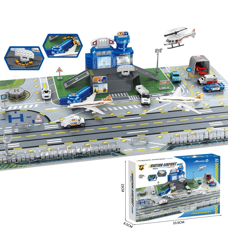 Children's Airport Scene Toy Set with Car, Helicopter, Airplane, Tower, and Airport Play Mat, Transport Aircraft Model, Suitable for Children Aged 3-12, Birthday Gift, Christmas Gift, New Year Gift