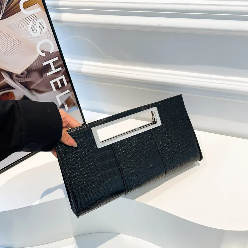 Fashion Crocodile Emboss PU Leather Clutch for Women Black Evening Bags Metal Grip Handle Tote Handbag Envelope Party Dinner Bag