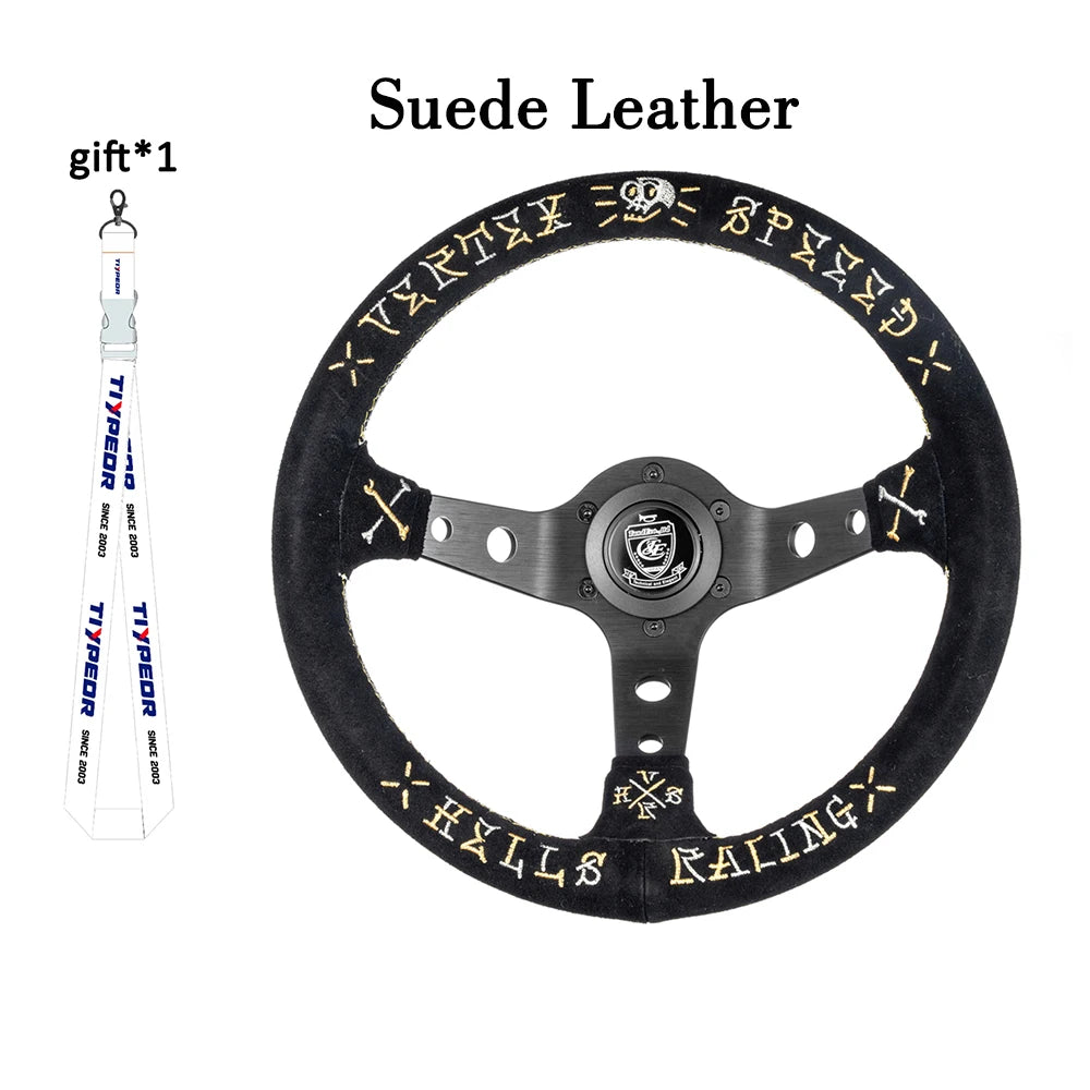VERTEX Universal Racing Steering Wheel Black Spoke Suede Embroidered Sports Steering Wheel With 6 Holes
