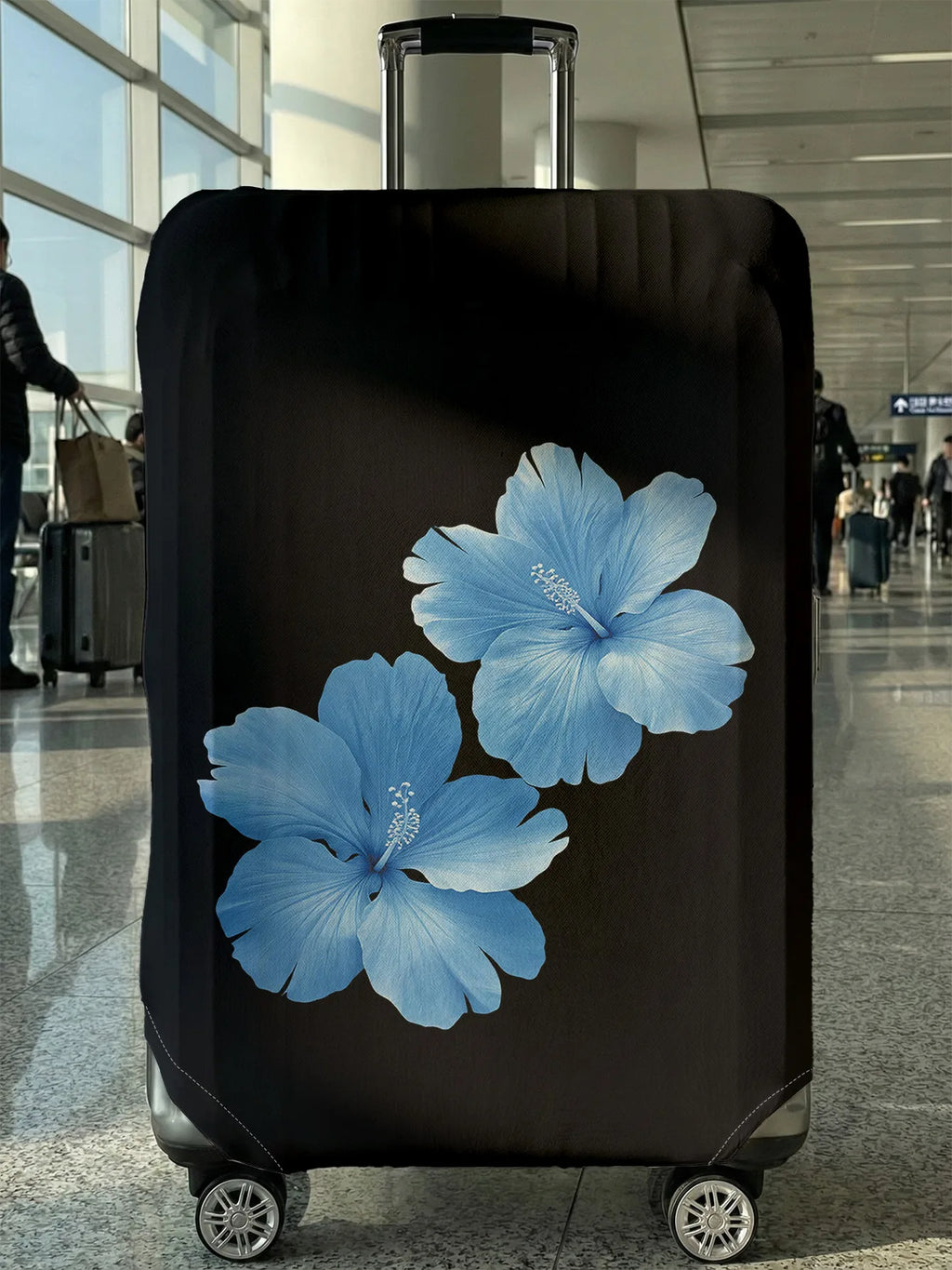 Black Base Blue Hibiscus Flower Luggage Cover, Suitable for 18-32 Inch Luggage Cover, Luggage Handle Glove, Travel Accessories