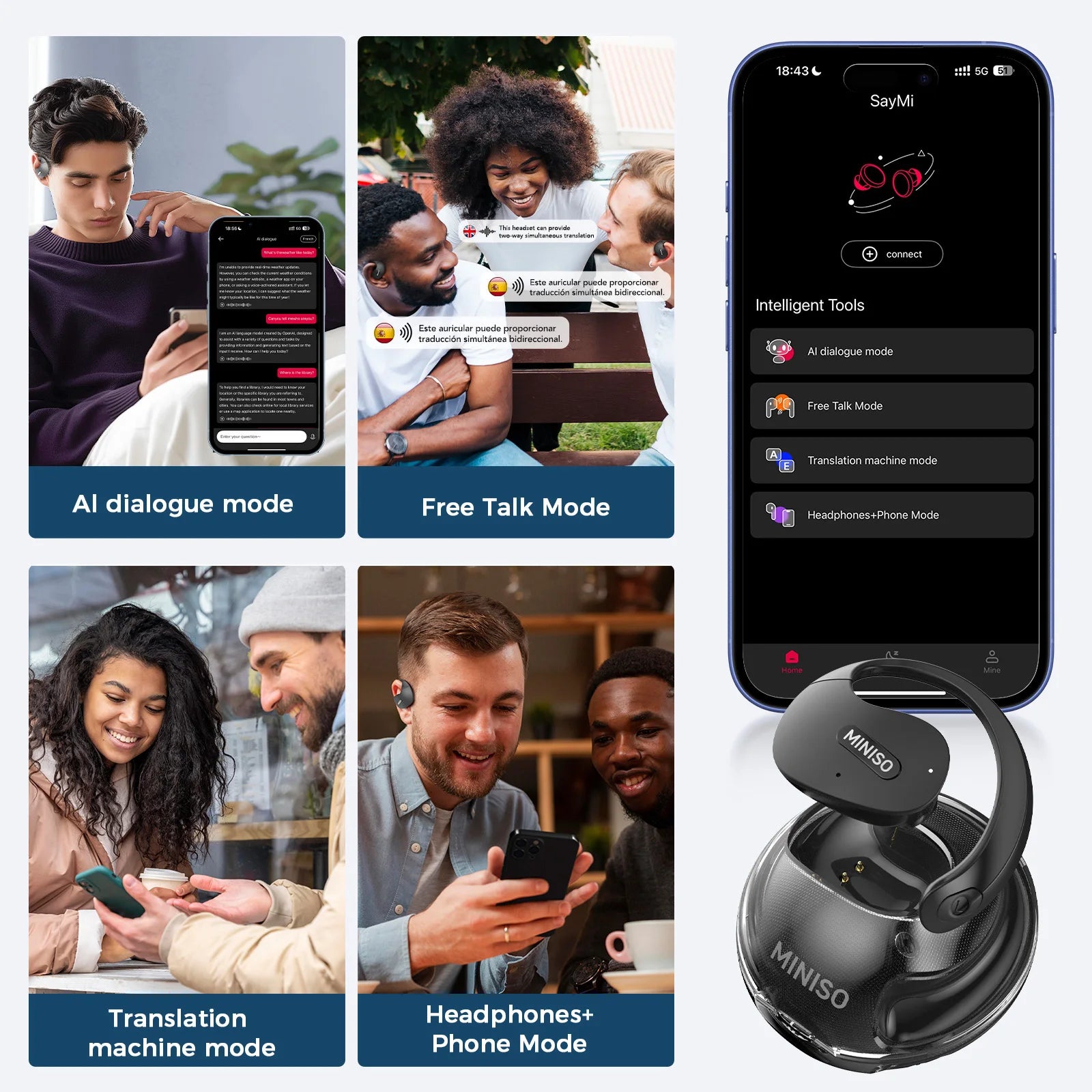 Translator MINISO X15Pro 5.4 Bluetooth Headset Translation Earphones Wireless Headphones Office Travel,ASMR Headset APP