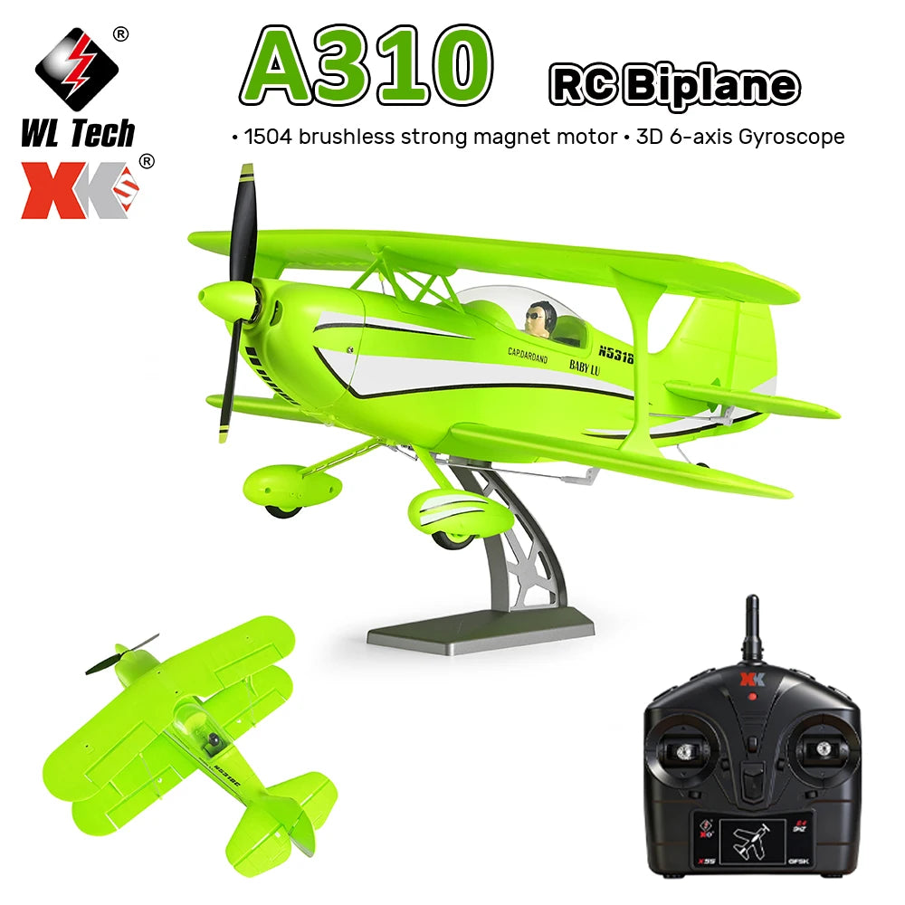 WLtoys A310 RC Biplane Aircraft 2.4G 1504 Brushless Remote Control Glider 3D6G Fixed-Wing Aircraft Model Stunt Biplane Model Toy