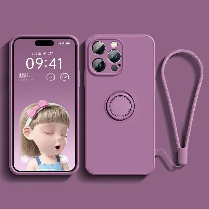 Liquid Silicone Case For iPhone 16 16e 15 13 Mini 14 12 11 Pro Max Plus Phone Holder Ring Stand Protect Cover With Wrist Strap