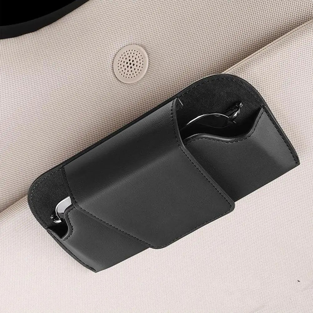 Sunglass Holder for Car Visor, Car Sunglasses Holder PU Leather Eyeglasses Holder Glasses Protective Storage Case Accessories