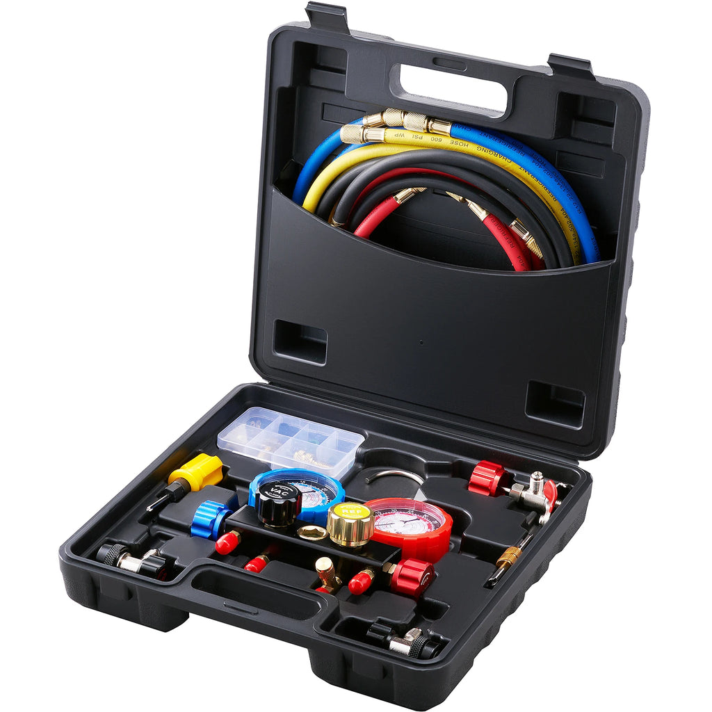 SucceBuy 4 Way AC Gauge-AC Manifold Gauge Set with 5ft Hoses for R134A/R22/R12/R410A Work on Car Freon Charging and Evacuation