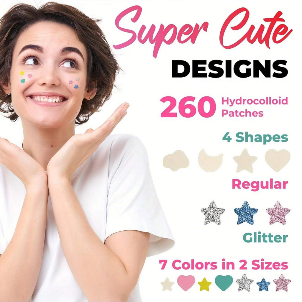 260 pcs Acne Patches - Gentle and non-irritating, absorbs acne and cleans blemishes - Multi-shaped and colorful concealer patche