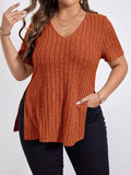 Women'S 1XL-5XL Plus Size T Shirt Summer Solid Color Large Women's Tops V-Neck Pit Striped Short Sleeve Split Loose Black Shirts
