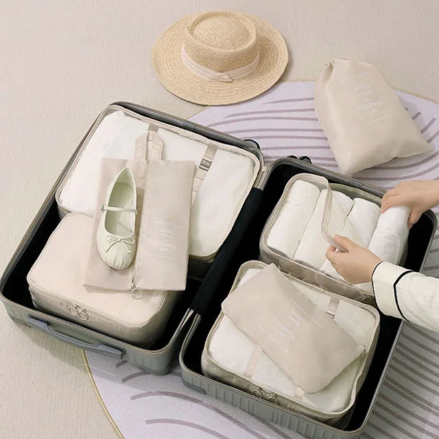 7Pcs Travel Packing Cubes Set Waterproof Luggage Organizer with Drawstring Storage Pouches for Clothes Shoes Underwear - Suitcas