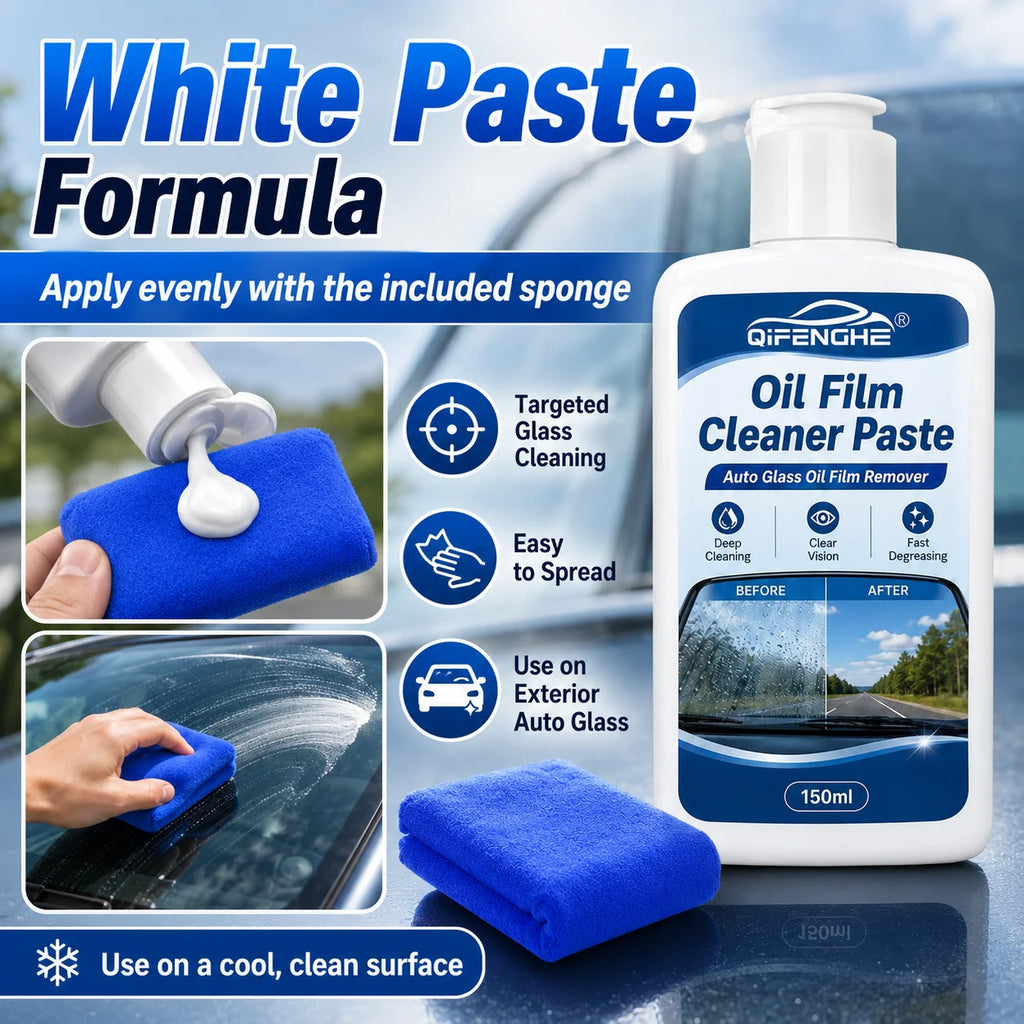 Car Windshield Oil Film Cleaner Paste 150ml QIFENGHE Auto Glass Oil Film Remover Deep Degreasing Clear View with Cleaning Towel