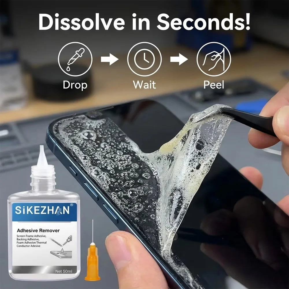 50ml Adhesive Remover Liquid Glue Clean with Metal Pry Spudger Tool Kit Needle for Phone Tablet Screen Frame Disassembly Repair