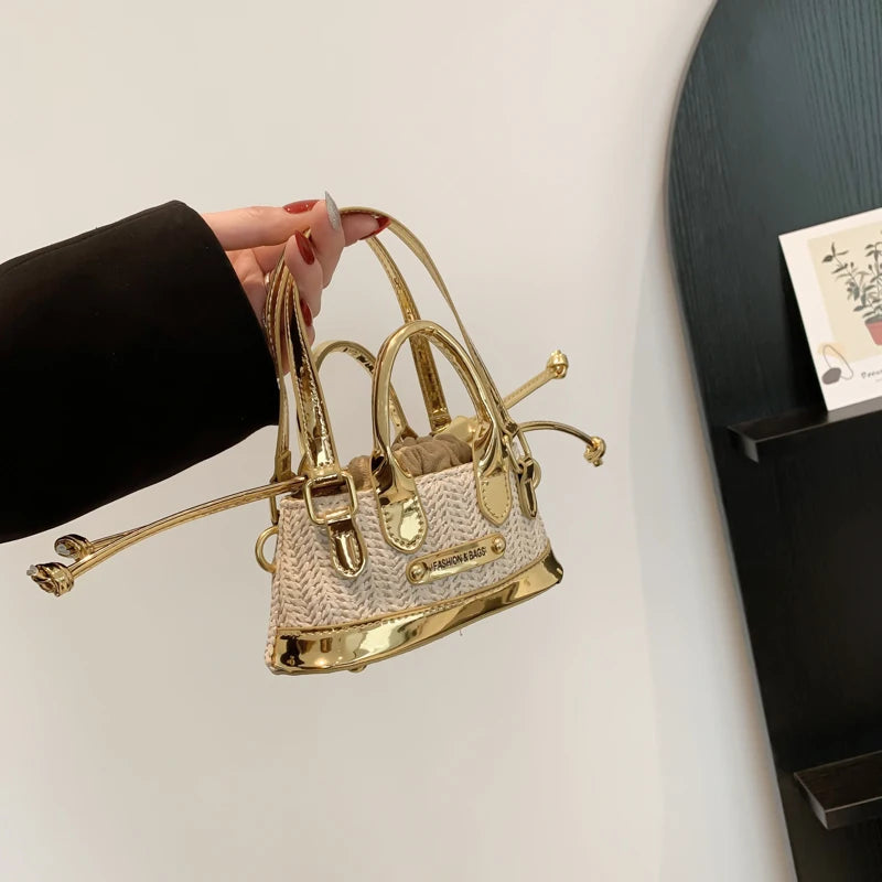 Pu Leather + Straw Handbag Clutch Bag For Women 2024 Trend Drawstring Lipstick Bag Phone Purse Versatile Mini Crossbody Bags