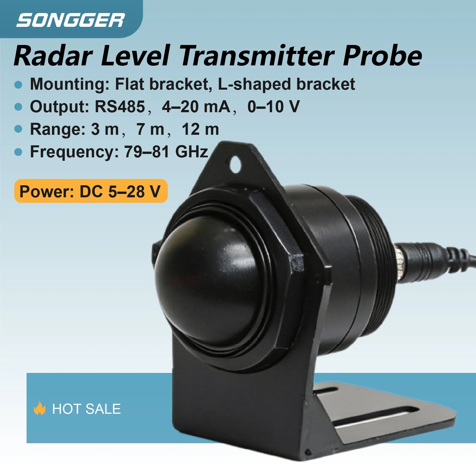 79-81GHz Non Contact Radar Level Transmitter for Water and Chemical Tanks 3-12m Range RS485 4-20mA 0-10V DC5-28V Probe