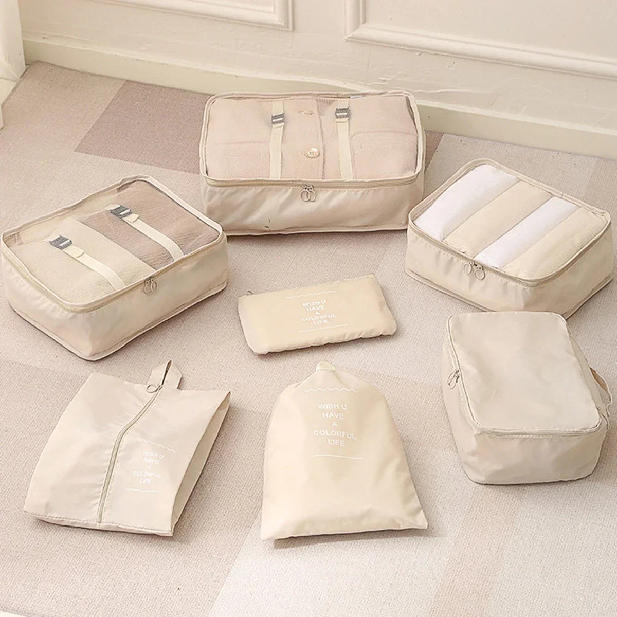 Travel Packing Cubes Set of 7 - Transparent Compression Luggage Organizer for Suitcase, Clothes & Trip Use