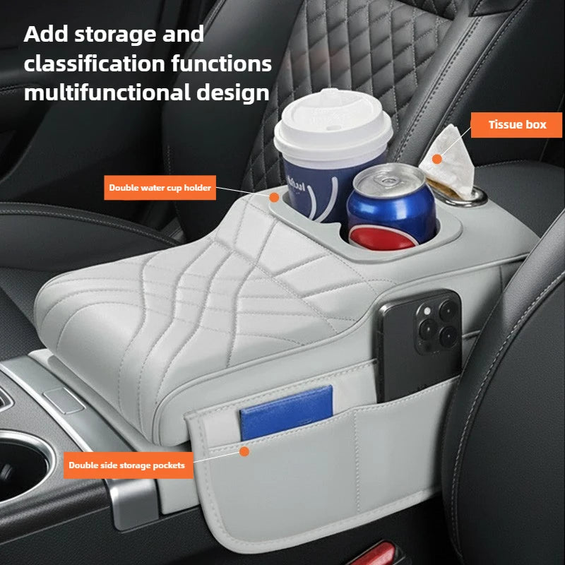 High-Low Style Car Armrest Box Cushion-An Armrest Cover with 2Side Pockets,2Cup Holders and 1 Tissue Box.Suitable for Most Cars