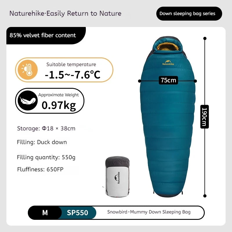 Naturehike Snowbird Mummy Sleeping Bag SP400/SP550/SP700/SP1000 for Outdoor Hiking Travel Winter Warm Duck Down Sleeping Bag
