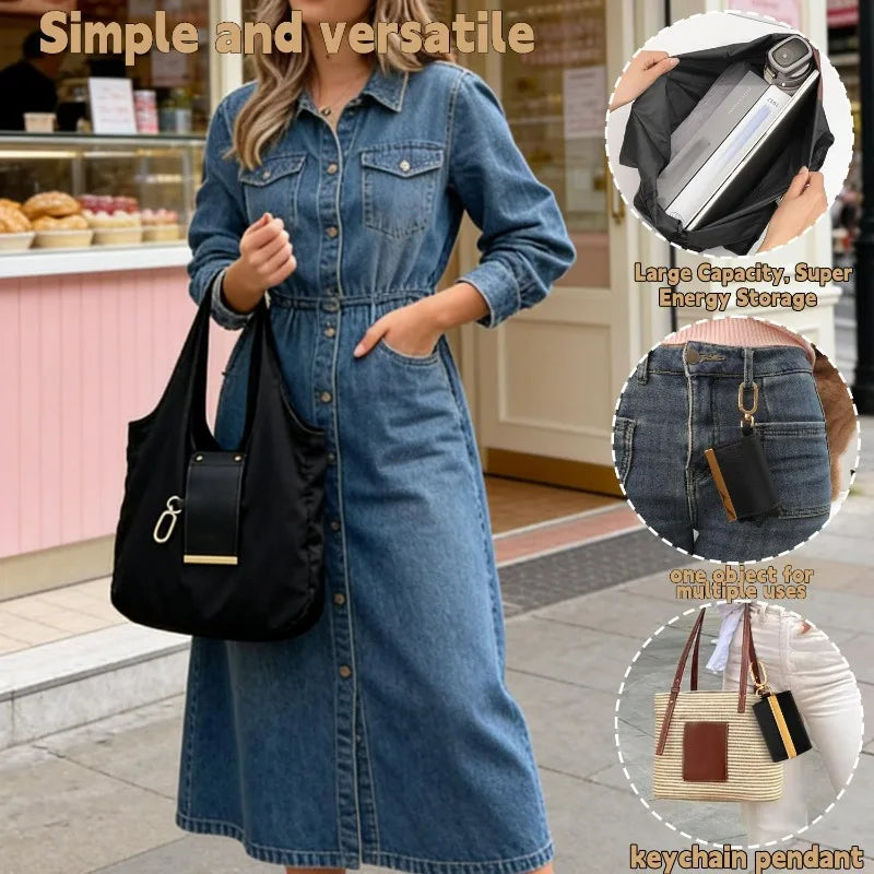 Foldable Tote Bag Women Large Capacity Shoulder Bag Portable Keychain Design Shopping Bag PU Fabric Lightweight Travel Grocery