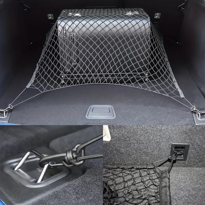 The Car Trunk Storage Net with Extendable Hooks and Nylon Material Is Convenient for Organizing and Can Safely Store Items