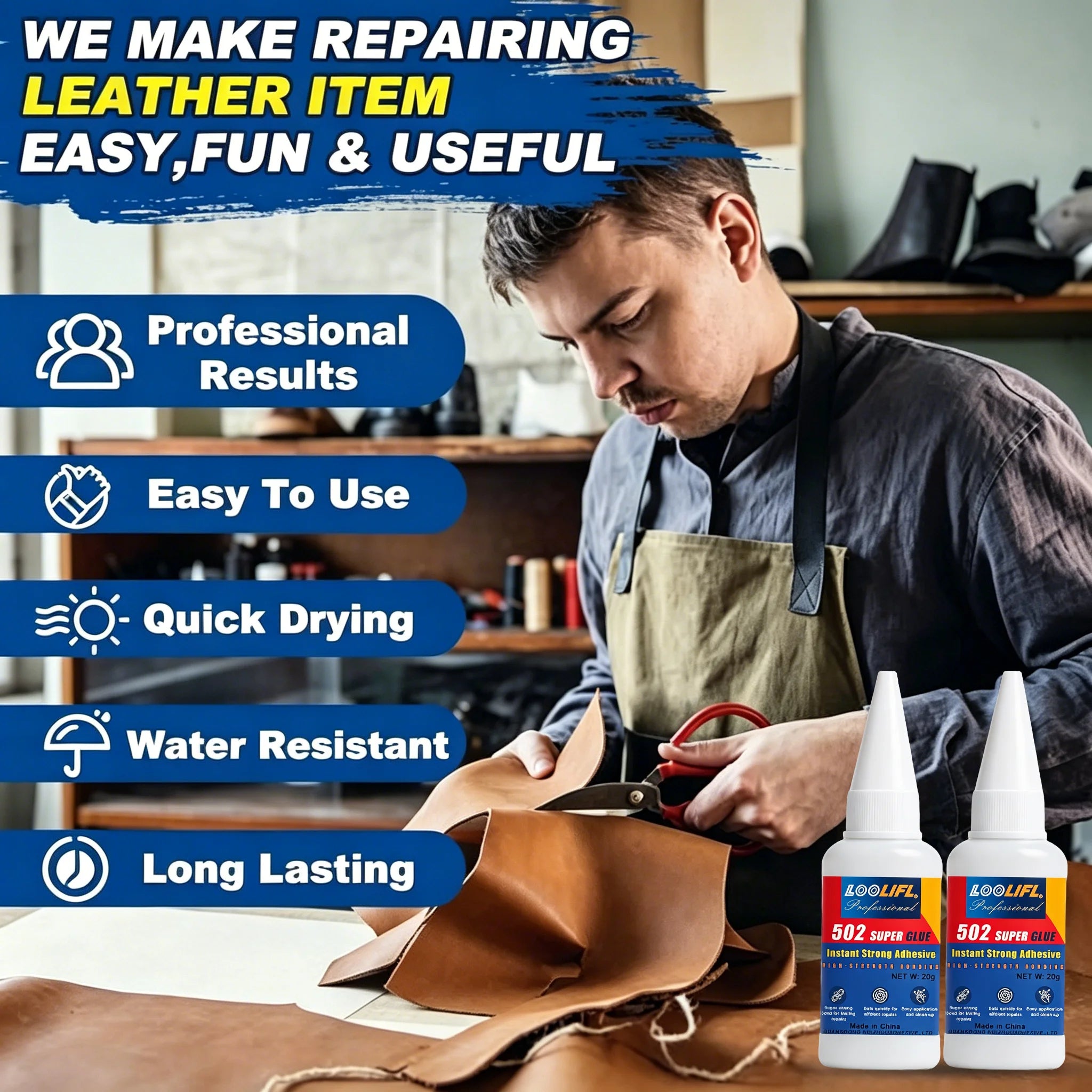 Fast Fix Leather Glue 20g Clear Drying Strong Adhesive for Shoes Wallet Car Seat Suede Upholstery Repair