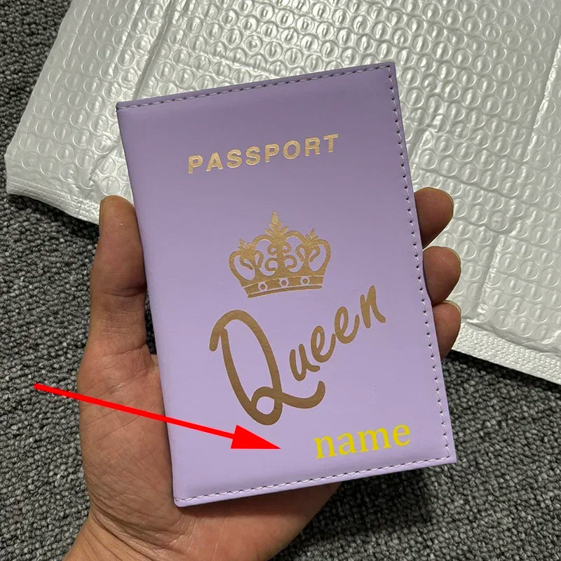 Personalised Name King and Queen Logo Passport Cover Customize Gold Color Name for Couple Customizable Passport Book Holder