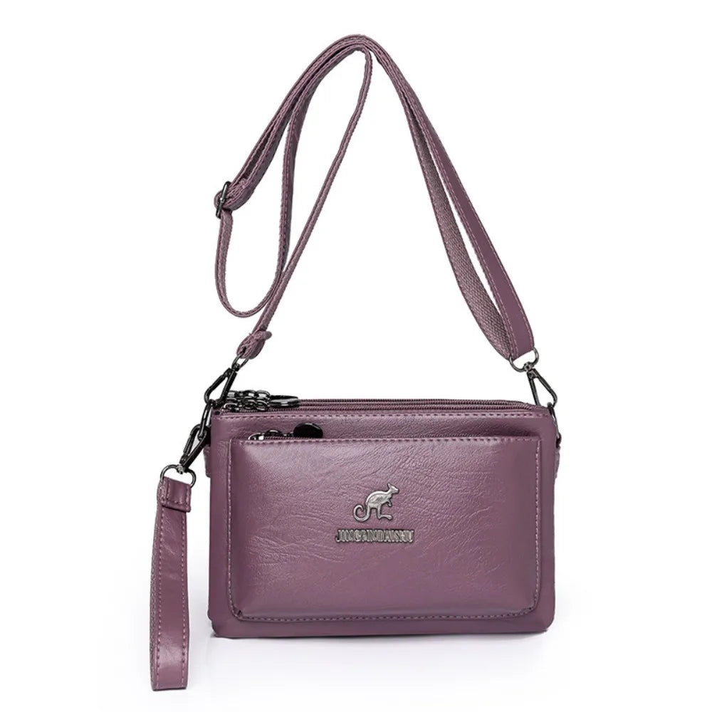 Soft Multiple Zip Pockets Shoulder Bag Waterproof Large Capacity PU Leather Crossbody Bag Simple Solid Color Square Phone Bag