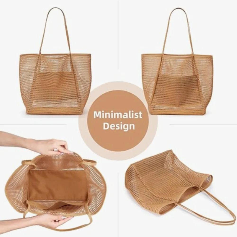 1pcs Foldable Beach Bag with Mesh Net, Women's Shoulder Bag, Essential for Outdoor Travel and Leisure Activities