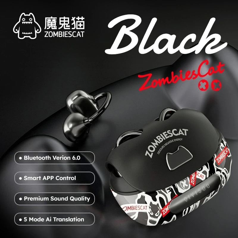 Zombies Cat B23 Graffiti OWS Ear Clip Headphone Bluetooth 6.0 Real Time Ai Translation Earphones TWS Wireless Earbuds with APP