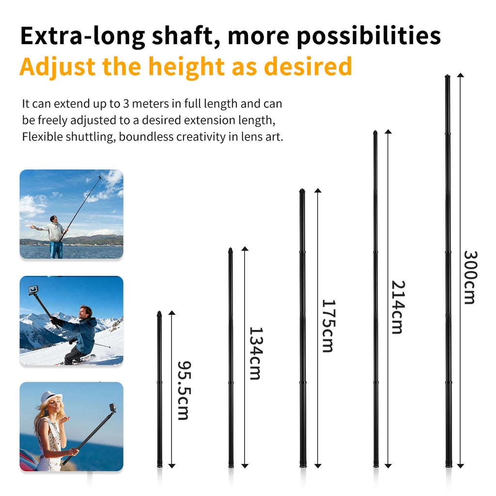 3M Carbon Fiber Invisible Selfie Stick, 1/4" Screw Telescopic Extension Pole for Insta360 X5X4, DJI Action, GoPro