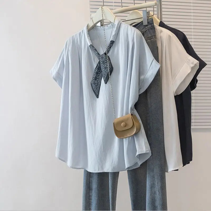 Plus-size women's spring and summer solid color casual beret collar with inner and outer wear V-neck short-sleeve T-shirt