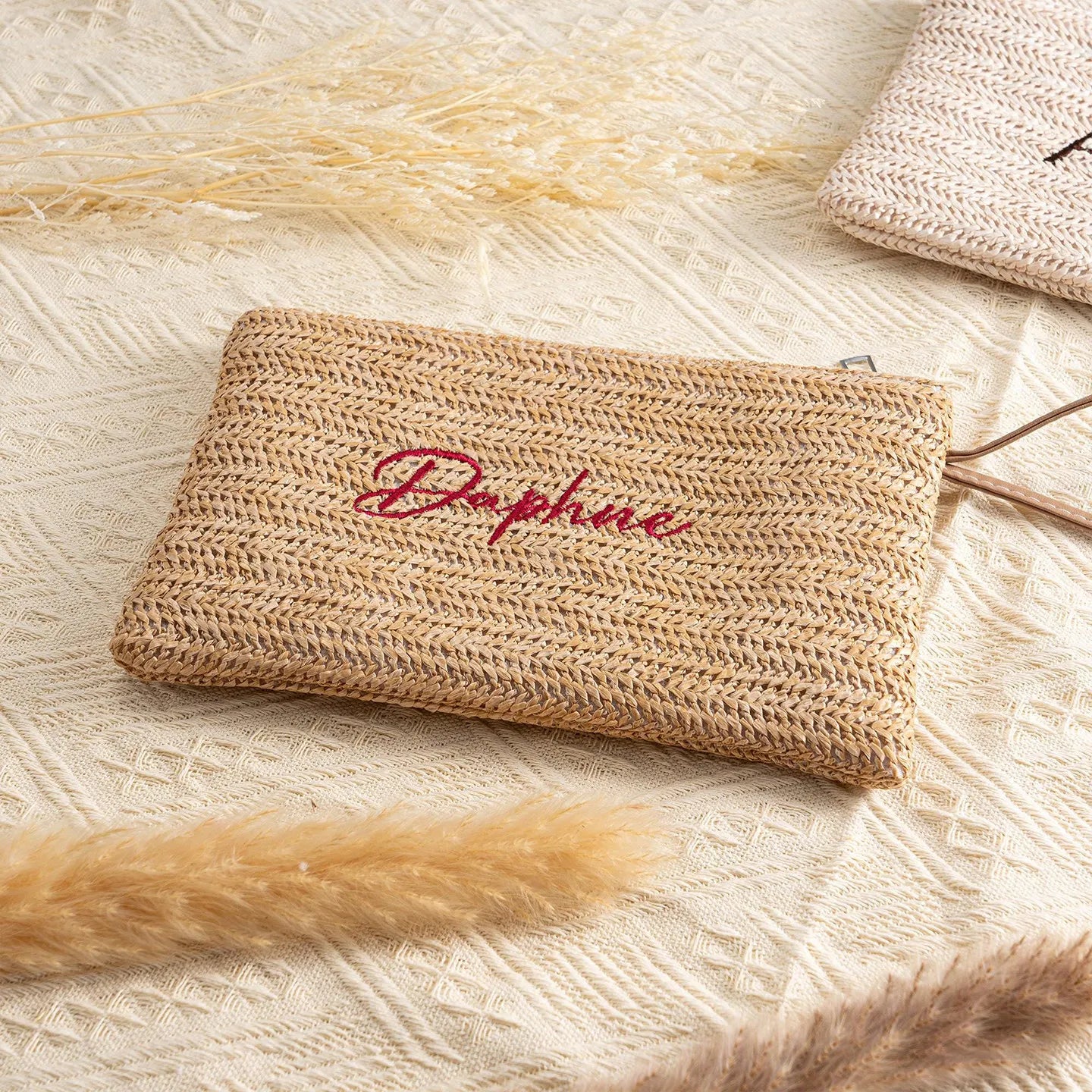Boho Straw Woven Clutch Bag Custom Name Embroidery Zipper Pouch Women Girls Portable Coin Wallet Beach Vacation Accessories