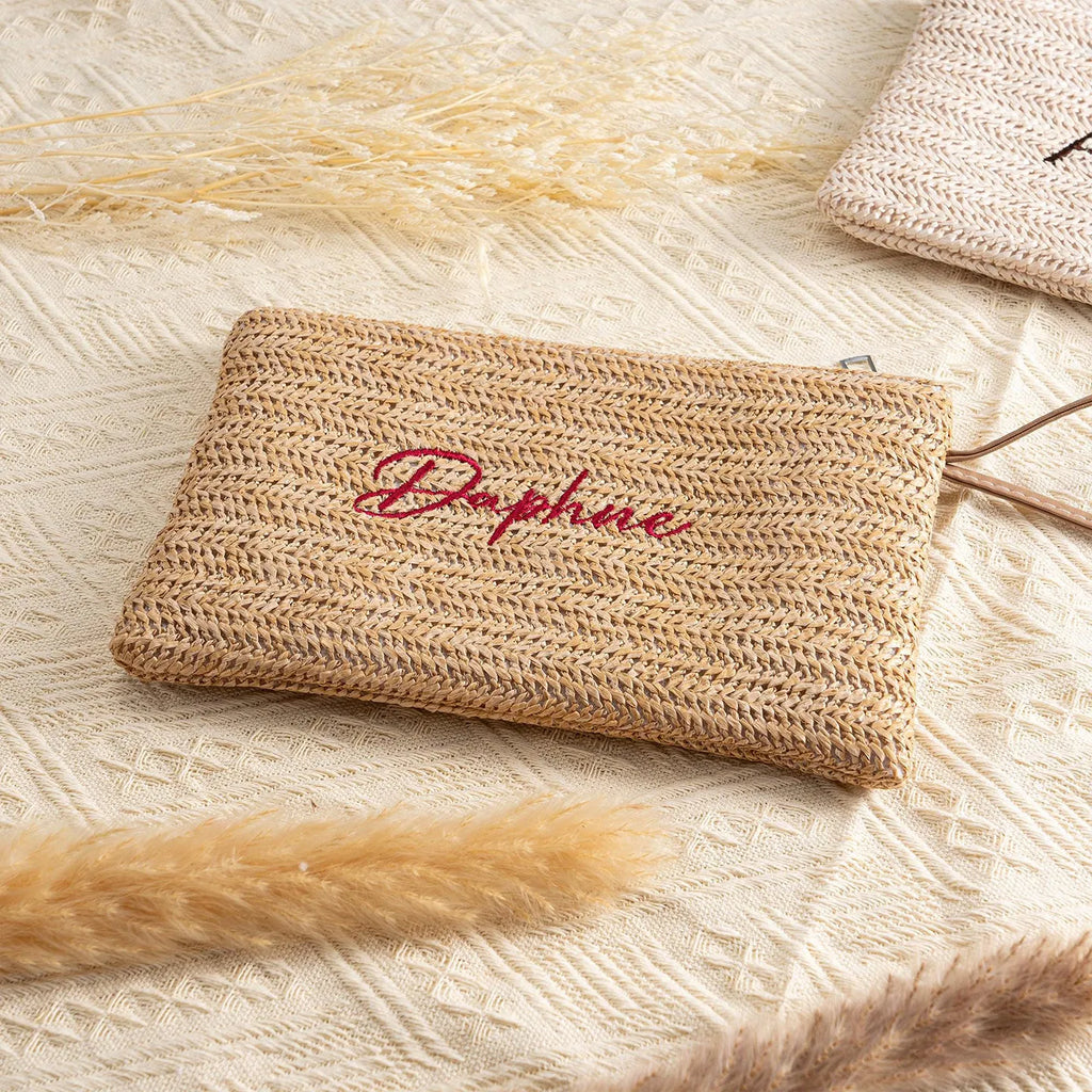 Boho Straw Woven Clutch Bag Custom Name Embroidery Zipper Pouch Women Girls Portable Coin Wallet Beach Vacation Accessories