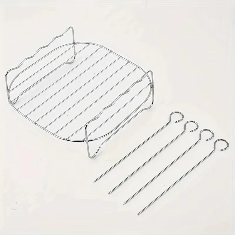 1set Stainless Steel Air Fryer Rack With 4 Roast Meat Picks Grill Air Fryer Accessories Cooking Rack Kitchen
