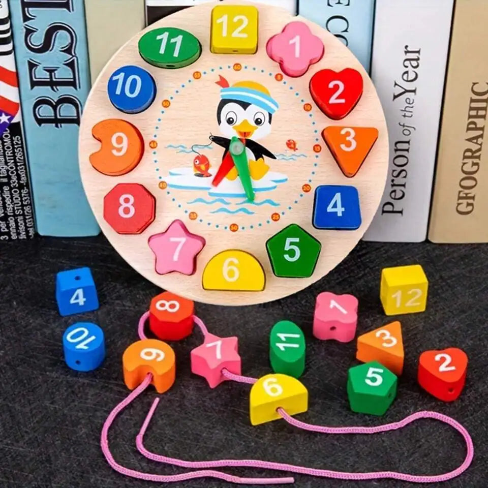 Clock Toy Wooden Teaching Clock Penguin Clock Toys Teaching Time Number Puzzle Stacking Montessori Educational Toys for Kids