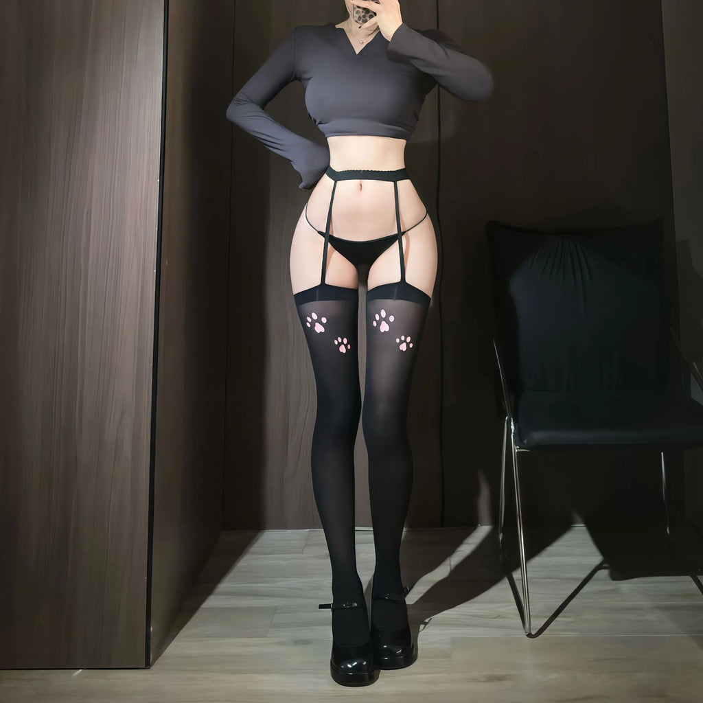 New Japanese-style Versatile Sexy Stockings with Soft and Cute Cat Paw Print Knee-length Suspender Integrated Sexy Leggings