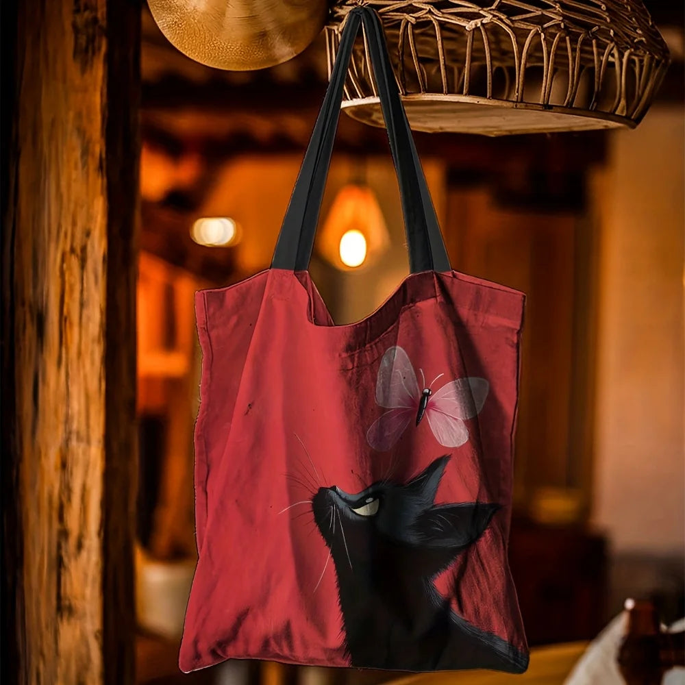 1pc Kitten and Butterfly Canvas Tote Bag - Durable Polyester, Rectangular Shape, Perfect for Shopping & Everyday Use