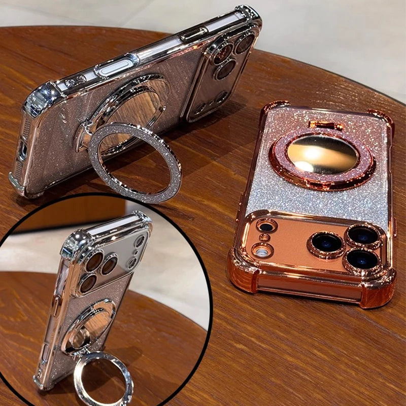 Glitter Shockproof Mirror Magnetic Bracket Case For iPhone 17 Air 16 15 14 Plus 13 12 11 Pro Max Plating For Magsafe Soft Cover