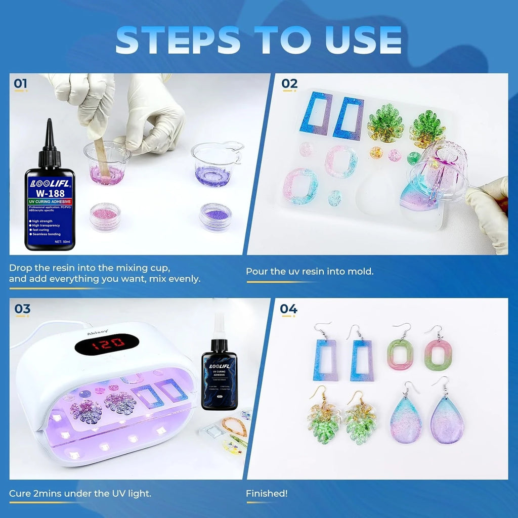 LOOLIFL W-188 50ml UV Curing Adhesive High Strength Clear UV Resin Glue Fast Cure Seamless Bond for ABS PC PVC Acrylic DIY Jewelry Craft Repair