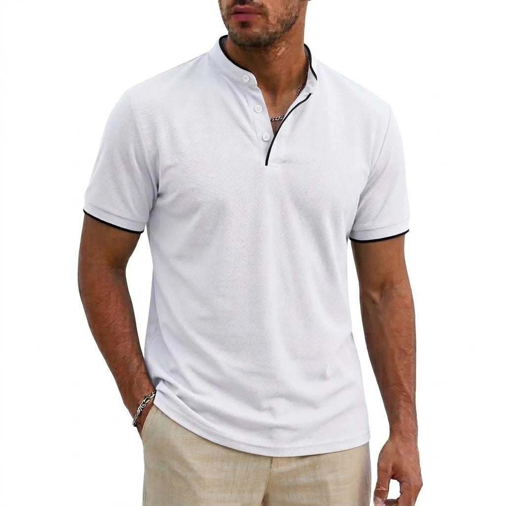 Men Short Sleeve Henley T-Shirt Summer Casual Solid Button-up Shirt V Neck Tee Fitness Breathable Classic Collarless Pullover