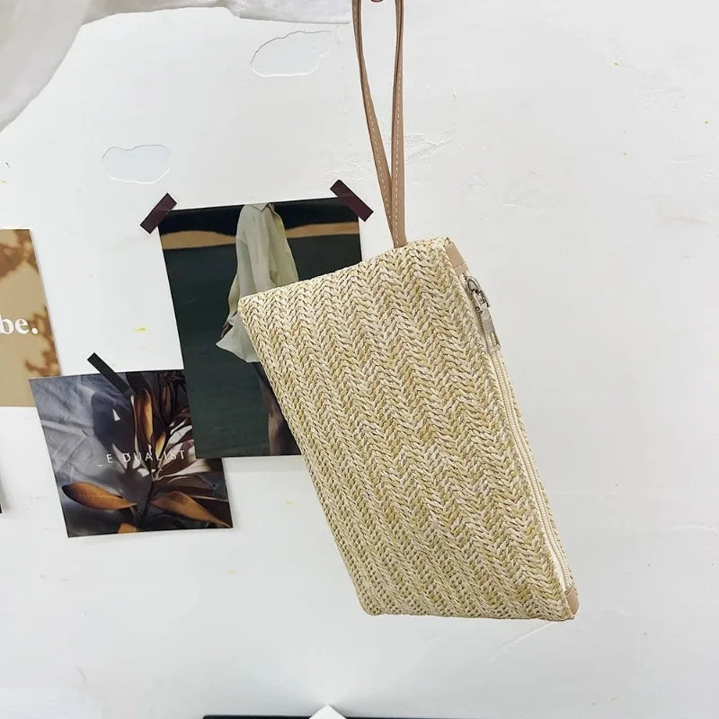 Elegant Boho Straw Clutch Bag, Solid Color Woven Beach Purse, Portable Summer Handbag for Women Vacation & Daily Matching
