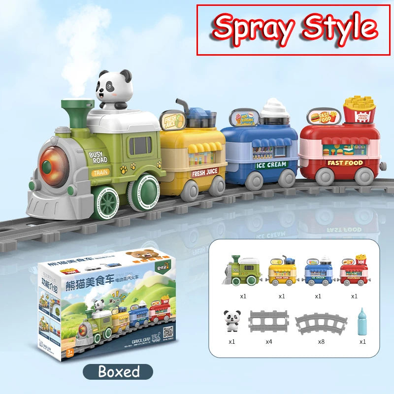 Steam Train Track Toys Electric Magnetic Blow Balls Cartoon Spray Car Models Sound Light Engineering Vehicles Children Toy Gifts
