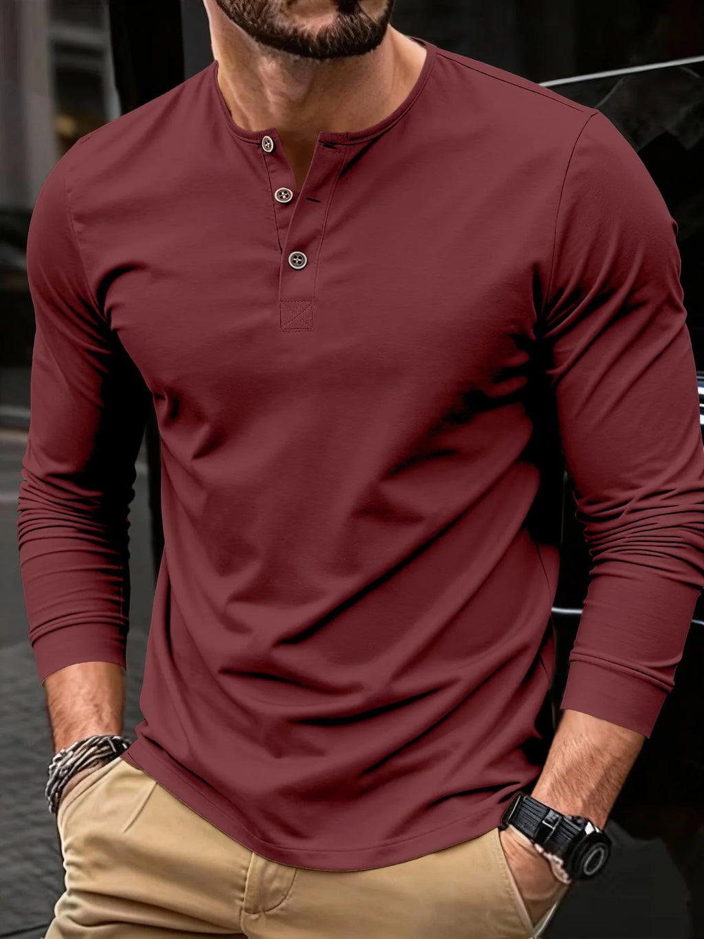 Men's Summer Casual Long Sleeve Henry Neck T Shirts Fashion Basic Solid Color Button Tees Polo High Quality Male Cozy T-shirts
