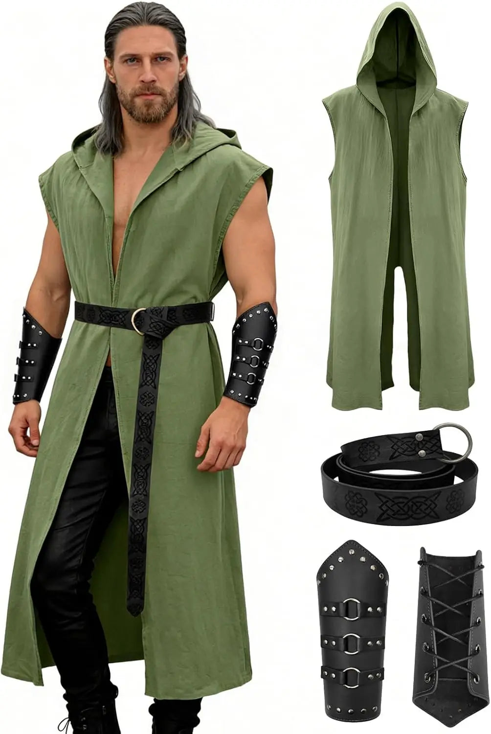 Verceco Men’s Renaissance Costume Set – Medieval/Renaissance Costume for Men with Hooded Surcoat Leather Belt & Bracers
