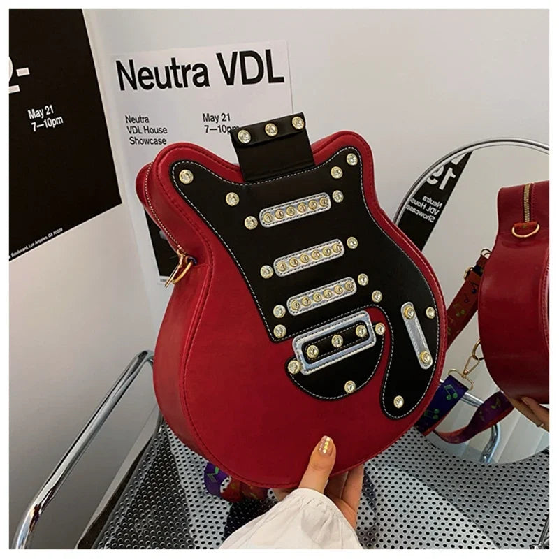Fashion Guitar Shape Bag Hard PU Purse for Women Rivet Personality Design Popular Crossbody Shoulder Backpack Handbag
