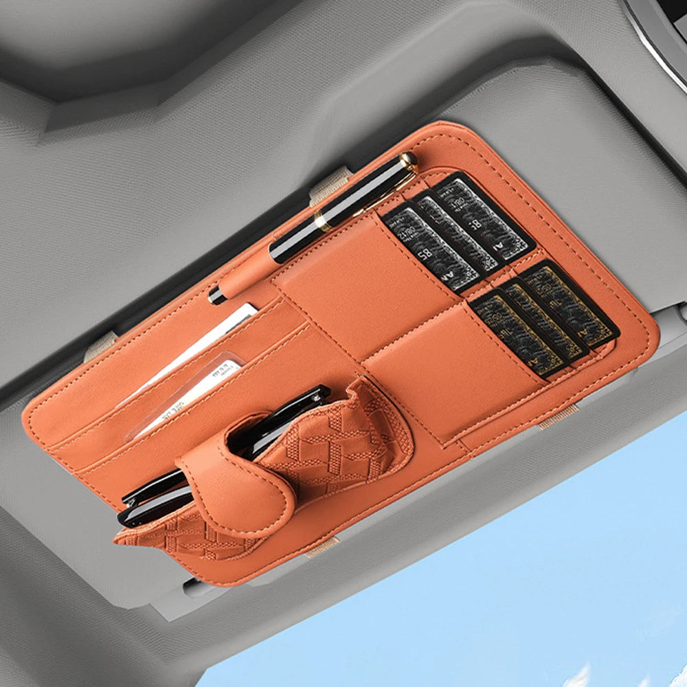 Car Sun Visor Glasses Holder Multi-Pocket Pouch Bag Storage Box Luxury PU Leather Eyeglasses Clip & Card Slots Car Interior