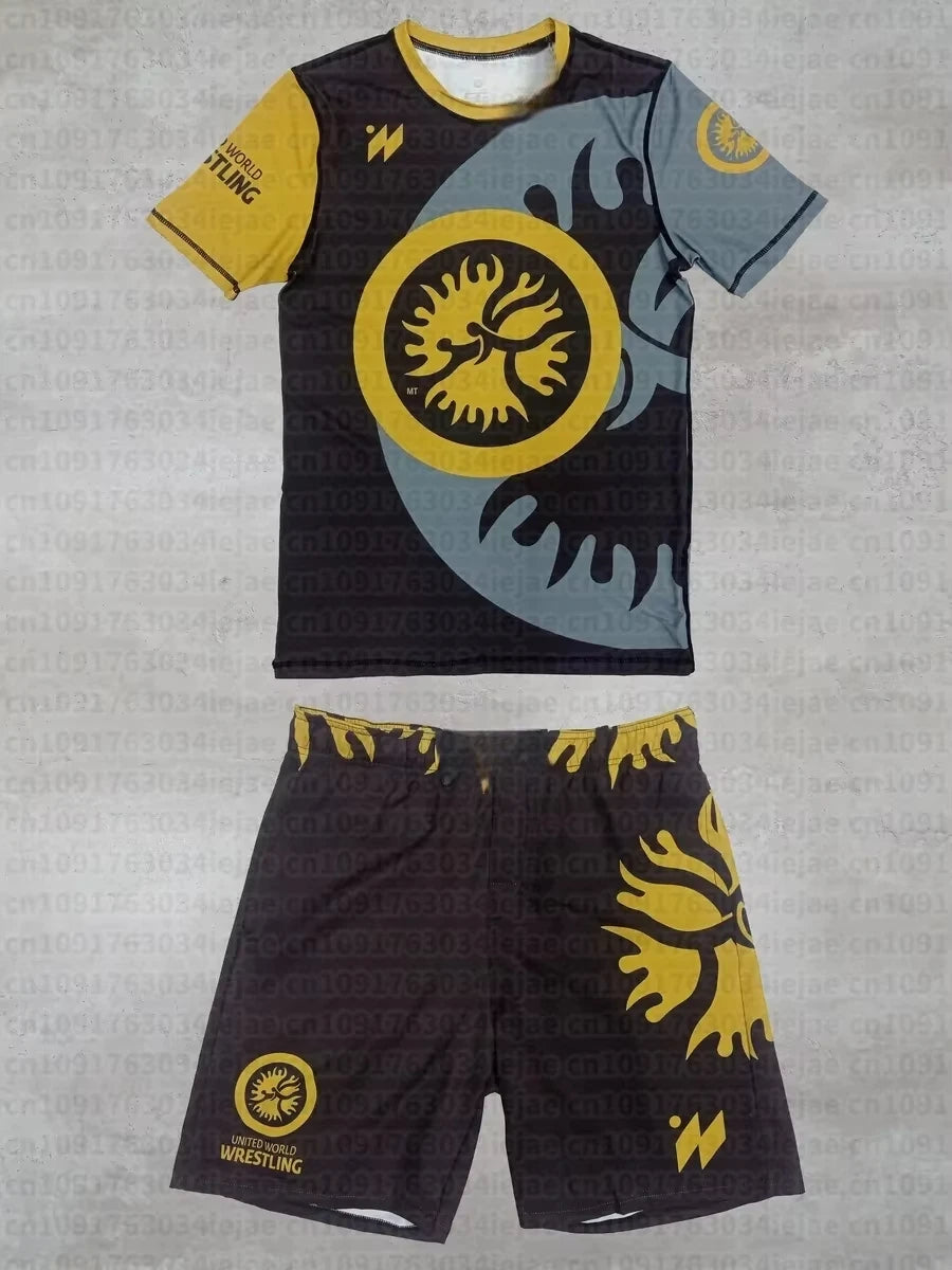 2026 New Summer Men Kid United World Wrestling Sportswear Set Short Sleeve T Shirt and Shorts for MMA Training Lightweight