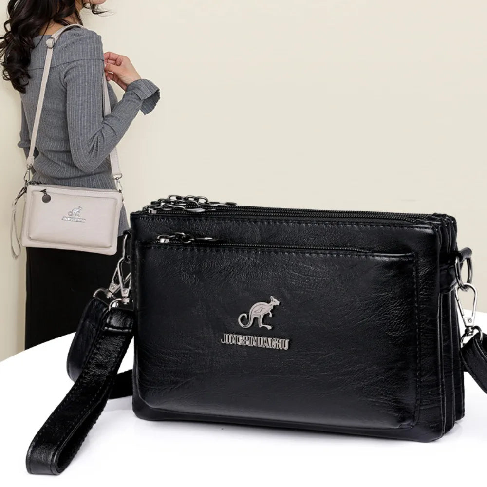 Soft Multiple Zip Pockets Shoulder Bag Waterproof Large Capacity PU Leather Crossbody Bag Simple Solid Color Square Phone Bag