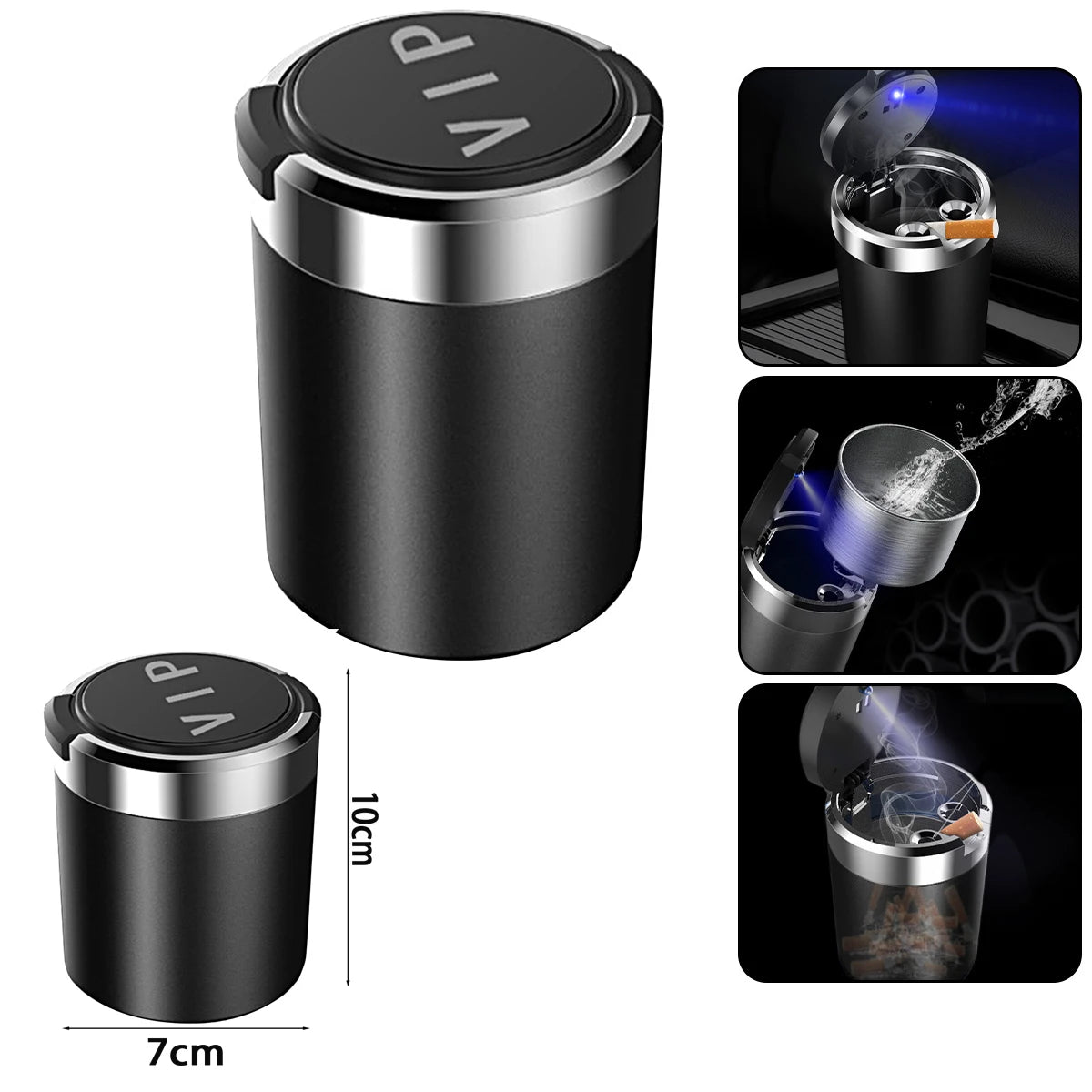 Car Ashtray Cup with Lid Anti-Odor Stainless Steel LED Light One-Click Open Car Ashtray Portable Removable Fireproof