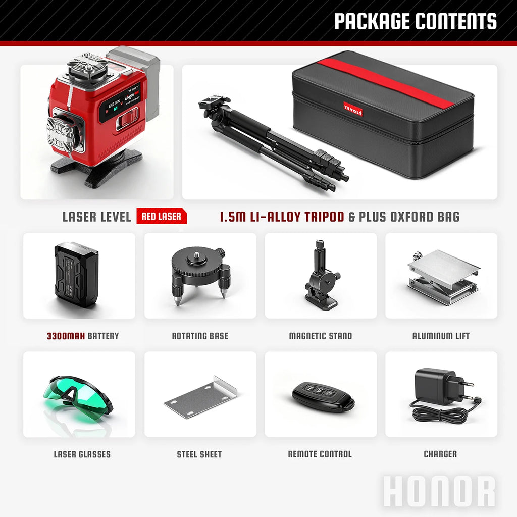 YEVOLT Industrial 16-Line Laser Level Auto-Calibration ±4° Self-Leveling Angle Outdoor Landscaping Anti-Shock Design