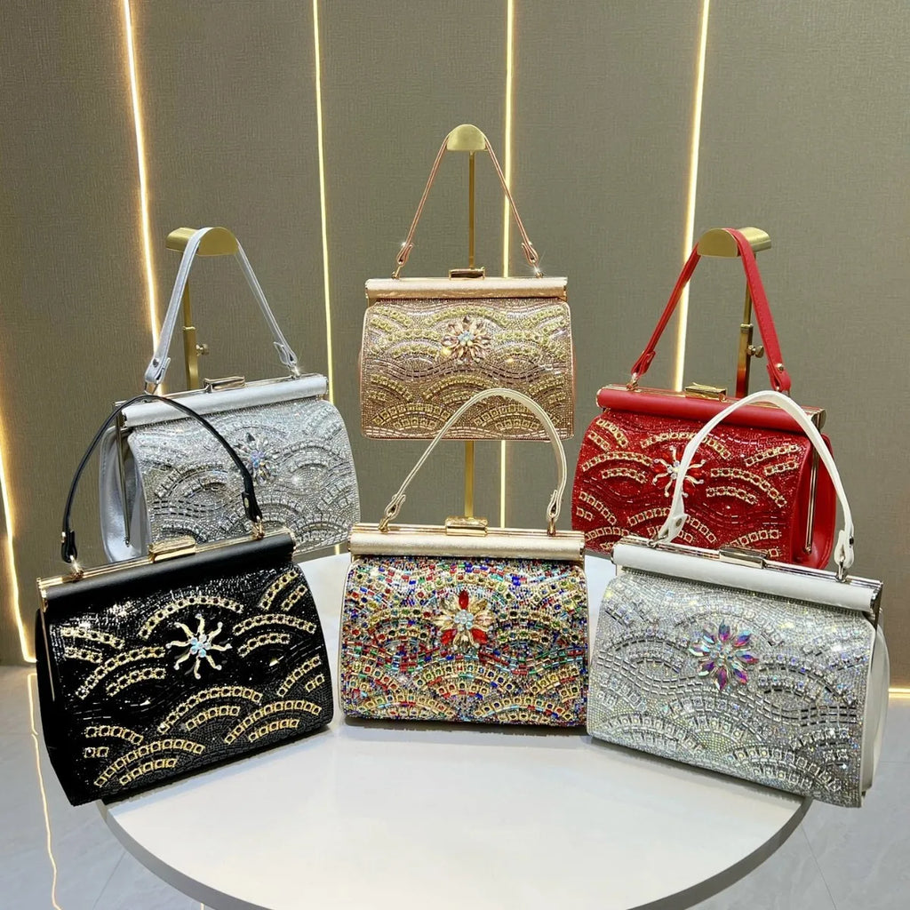 New light luxury dinner bag, shiny diamond-encrusted handbag, shoulder messenger bag, high-end celebrity evening bag.