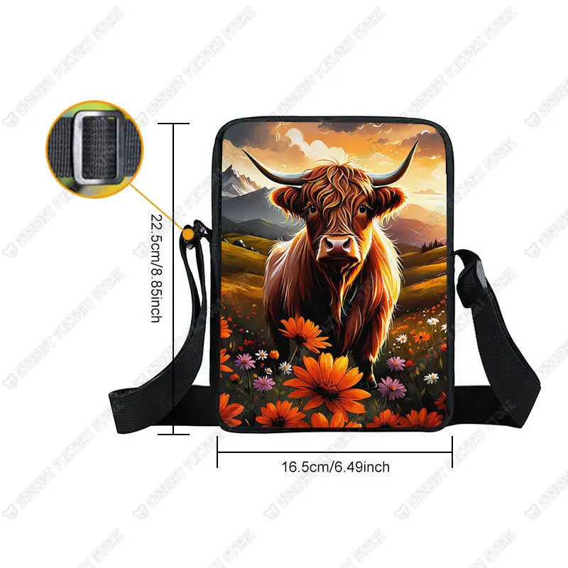 Scottish Highland Cows Print Crossbody Bag Highland Cow Sunflower Women Handbag Key Money Phone Holder Messager Shoulder Bag